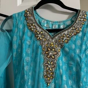 Embellished Blue Dress with Silver Accents Indian desi Pakistani